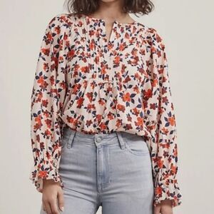 Elizabeth and James XL Pleated Floral Blouse Red Navy Ivory Long Sleeve